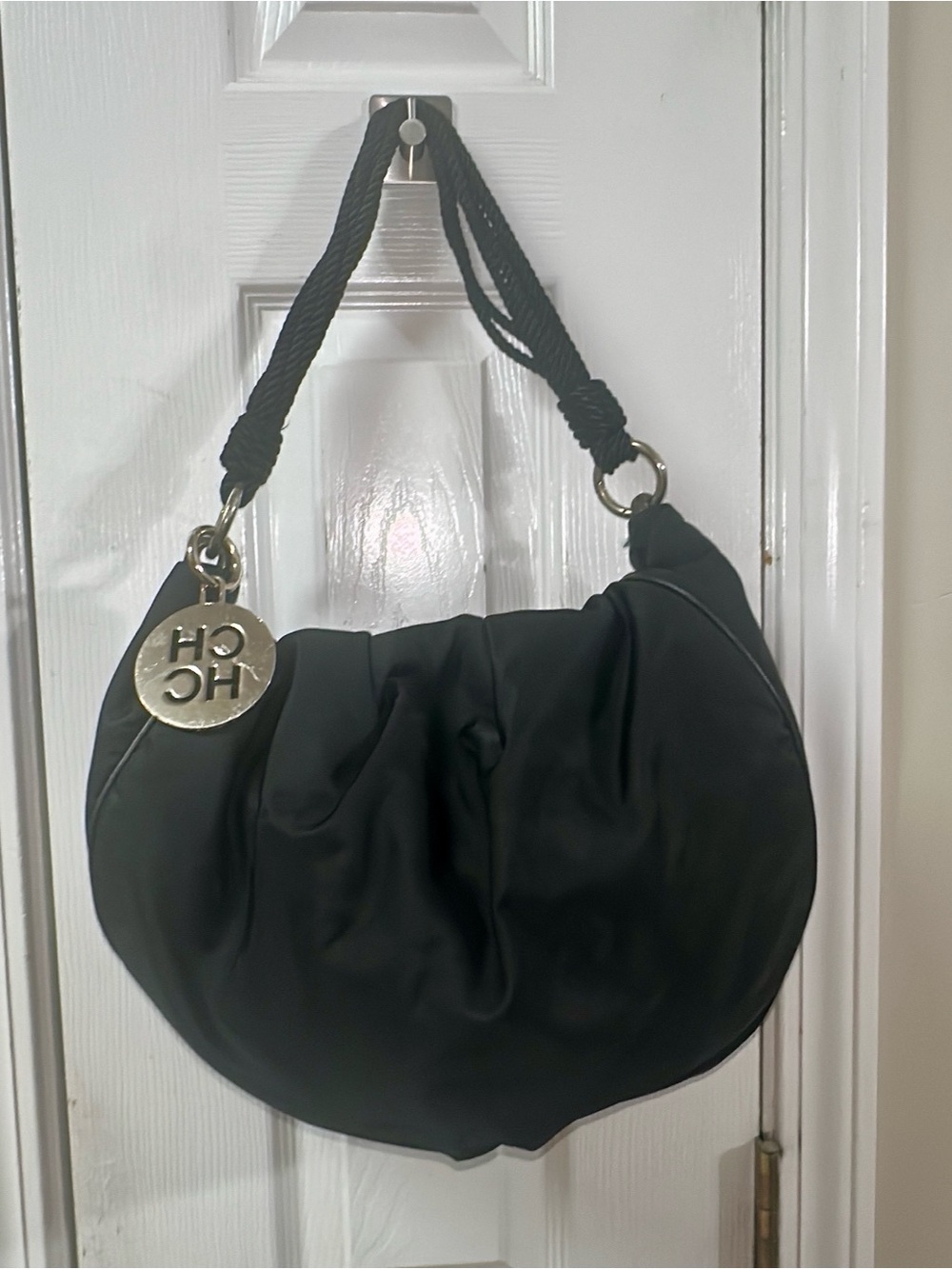 Carolina Herrera Black Hobo Bag with Rope Handle and Gold Charm SEE BOTH CORNERS